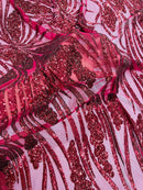 Wavy Leaf Sequins Fabric - Burgundy - Wavy Lines and Leaves Design on Lace Mesh Fabric by Yard
