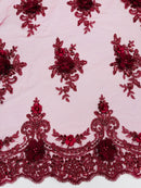 3D Floral Pearl Design - Burgundy - Floral Embroidered Pearls and Sequins Fabric By Yard