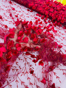 3D Flower Glitter Fabric - Burgundy - Flower Design on Glitter Mesh Fabric Sold By Yard