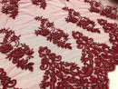 Beaded Floral Fabric - Burgundy - Embroidered Flower Cluster Beaded Fabric Sold By Yard