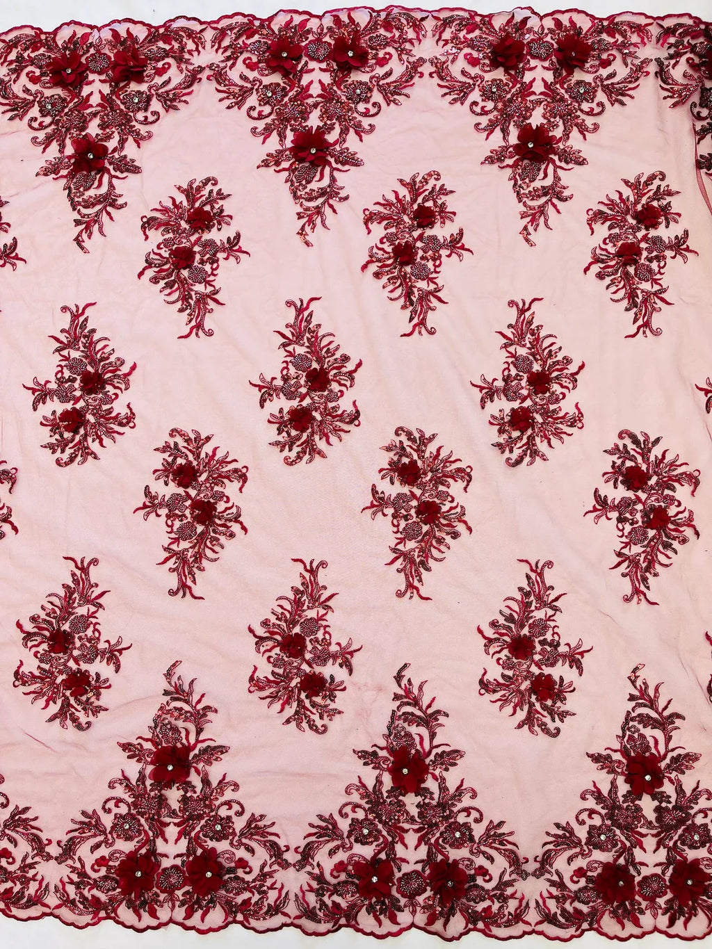 3D Floral Rhinestone Fabric - Burgundy - Beaded Flower Clusters with Rhinestones and Sequins By Yard