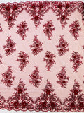 3D Floral Rhinestone Fabric - Burgundy - Beaded Flower Clusters with Rhinestones and Sequins By Yard