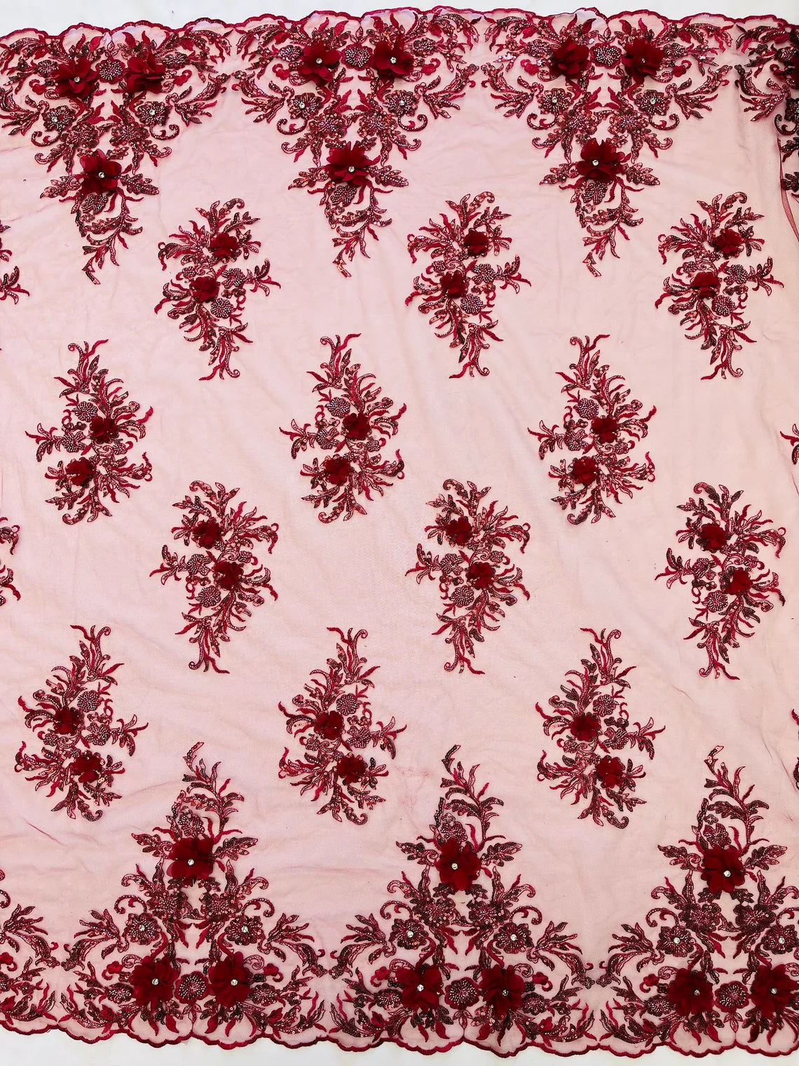 3D Floral Rhinestone Fabric - Burgundy - Beaded Flower Clusters with Rhinestones and Sequins By Yard