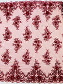 3D Floral Rhinestone Fabric - Burgundy - Beaded Flower Clusters with Rhinestones and Sequins By Yard