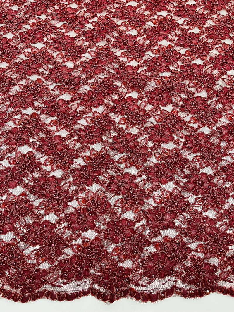 Floral Pearls and Sequins Fabric - Burgundy - Beaded Fabric Embroidered Lace By The Yard