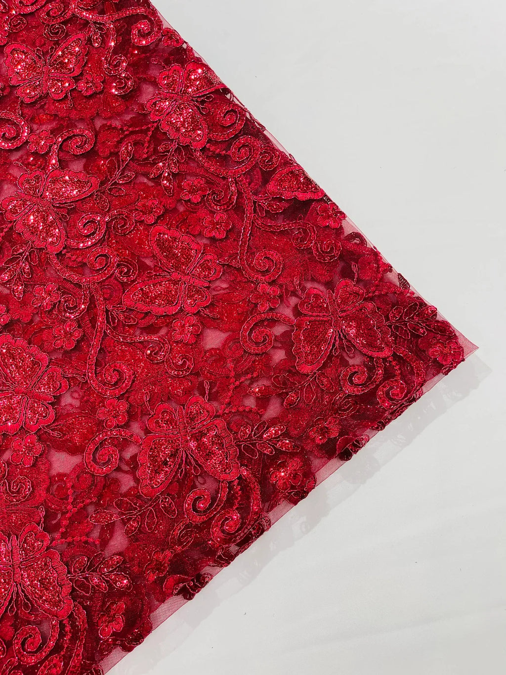 Butterfly Swirl Lace Fabric - Burgundy - Metallic Sequins Design on Lace Fabric By Yard