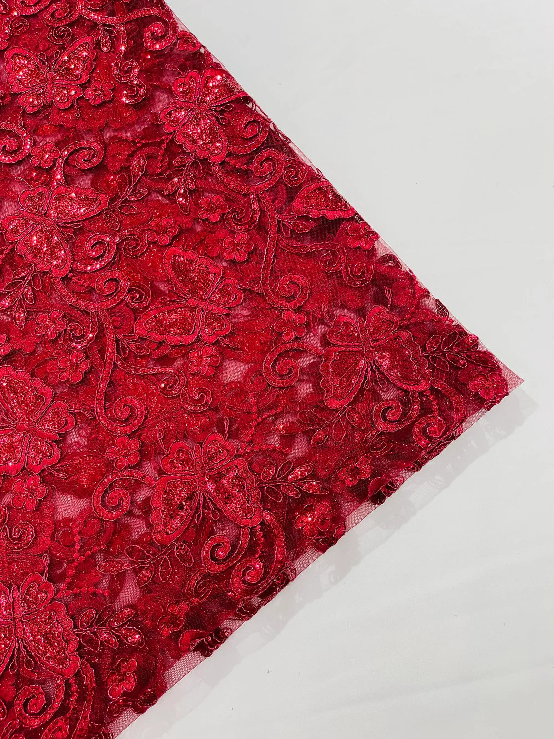 Butterfly Swirl Lace Fabric - Burgundy - Metallic Sequins Design on Lace Fabric By Yard