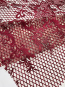 Damask on Net Lace Fabric - Burgundy - Embroidered Lace Mesh Damask Design Fabric by Yard
