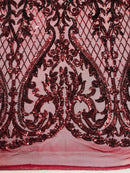 Heart Damask Sequins - Burgundy - 4 Way Stretch Elegant Shiny Sequins Fabric By Yard