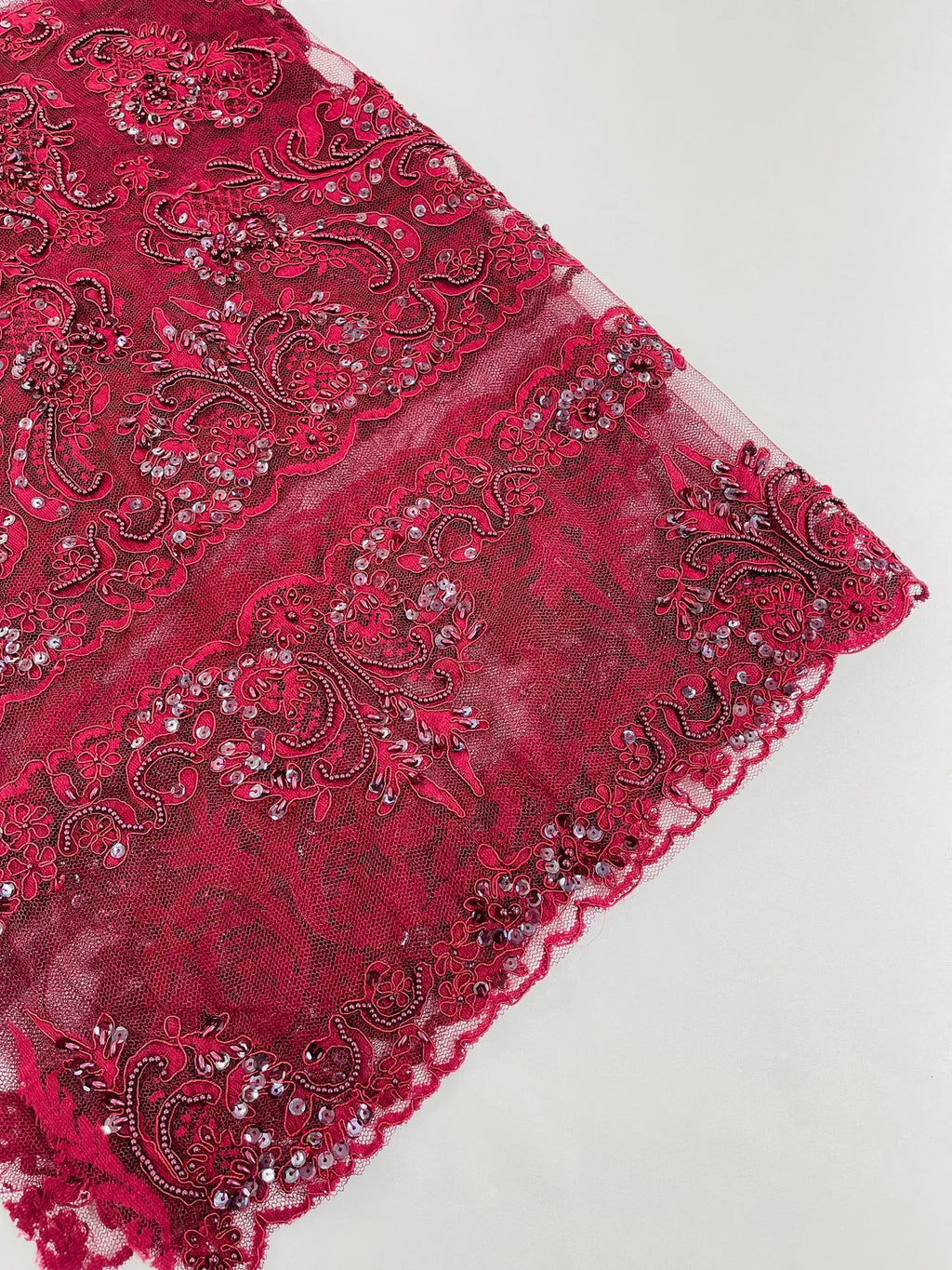Beaded My Lady Damask Design - Burgundy - Beaded Fancy Damask Embroidered Fabric By Yard