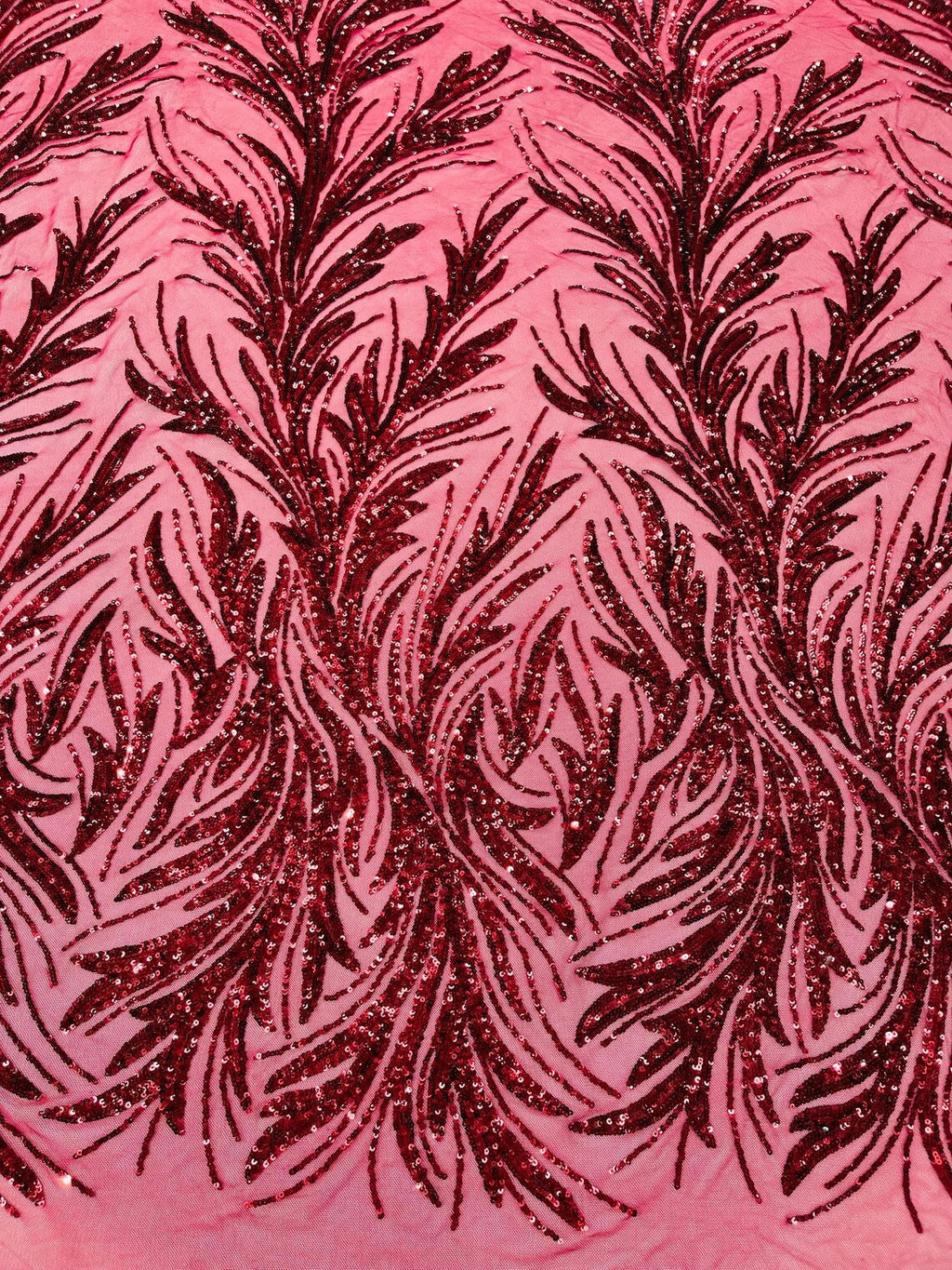 Leaf Design Stretch Sequins - Burgundy - 4 Way Stretch Lace Mesh Sequins Fabric by Yard