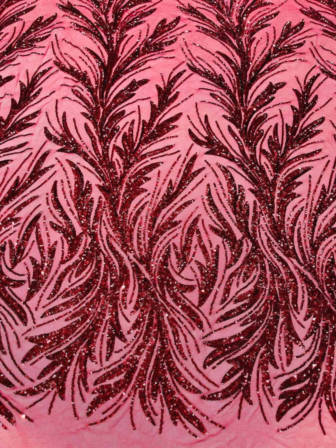 Leaf Design Stretch Sequins - Burgundy - 4 Way Stretch Lace Mesh Sequins Fabric by Yard