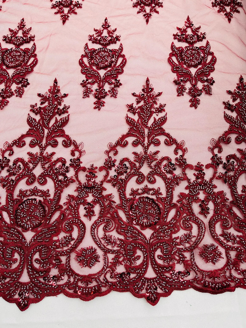 Floral Bead Embroidery Fabric - Burgundy - Damask Floral Bead Bridal Lace Fabric by the yard