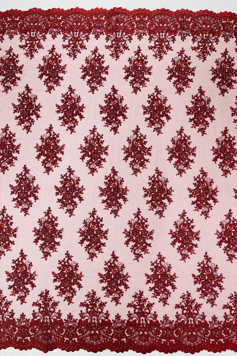 Floral Pearl Bead Fabric - Burgundy - Flower Design with Beads and Sequins Fabric Sold By Yard