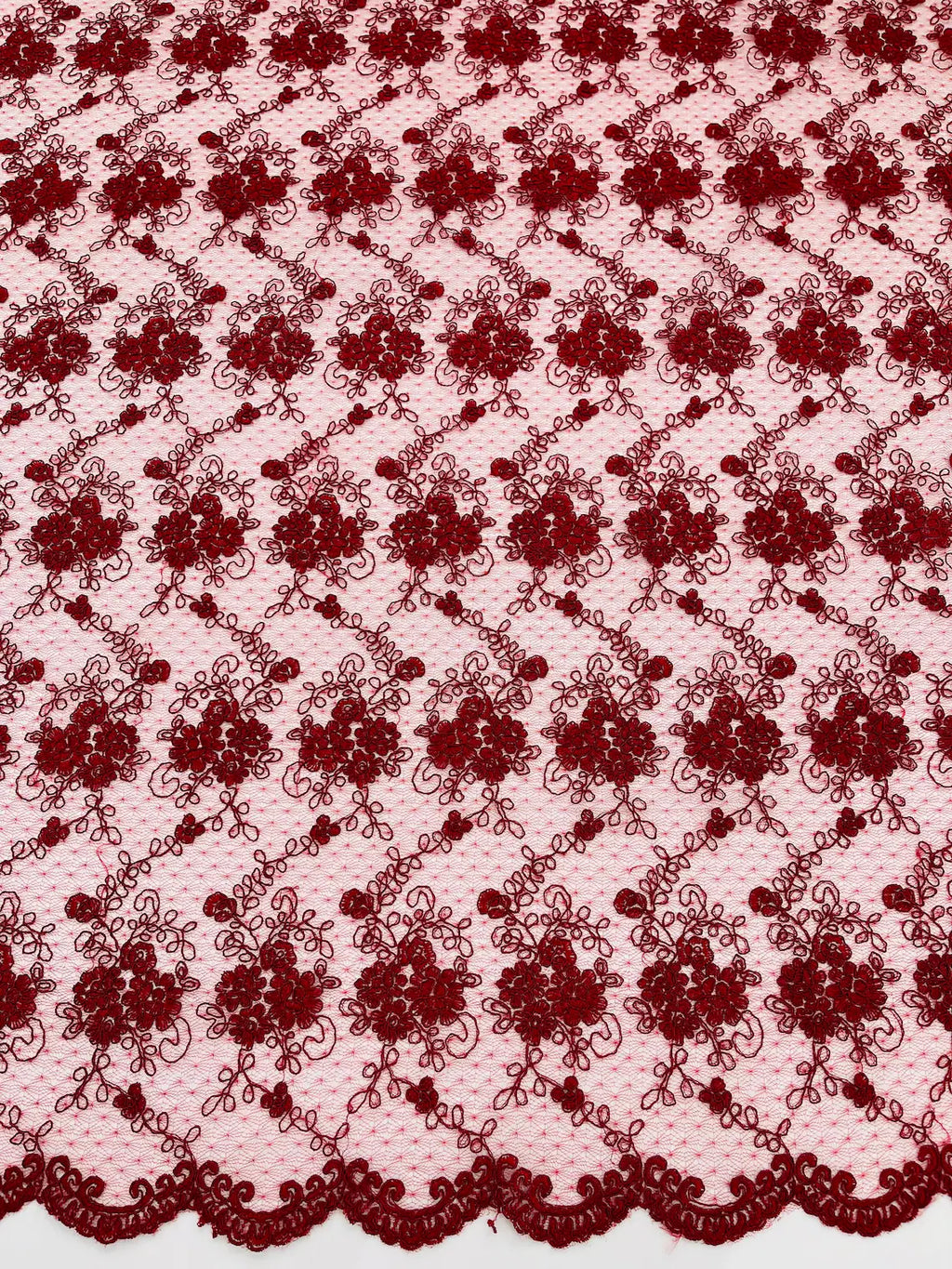 Embroidered Flower Fabric - Burgundy - Floral Design Scalloped Border Fabric By Yard