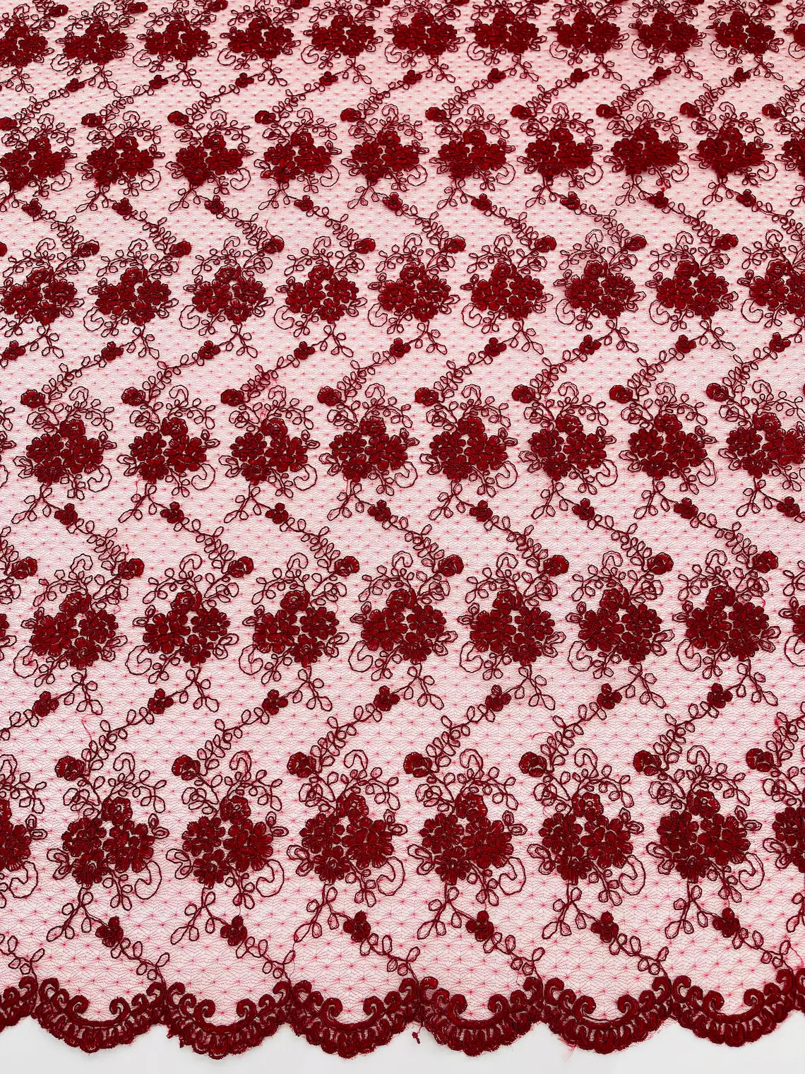 Embroidered Flower Fabric - Burgundy - Floral Design Scalloped Border Fabric By Yard