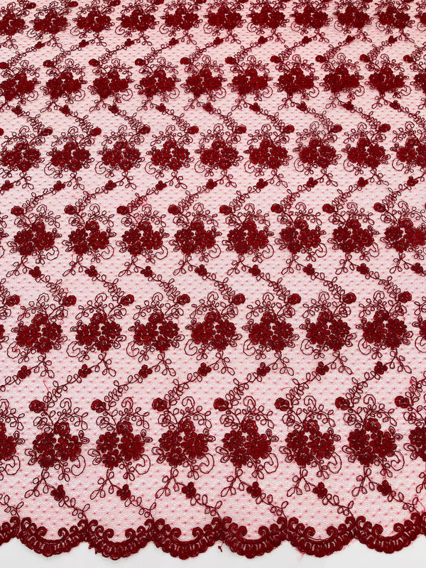 Embroidered Flower Fabric - Burgundy - Floral Design Scalloped Border Fabric By Yard