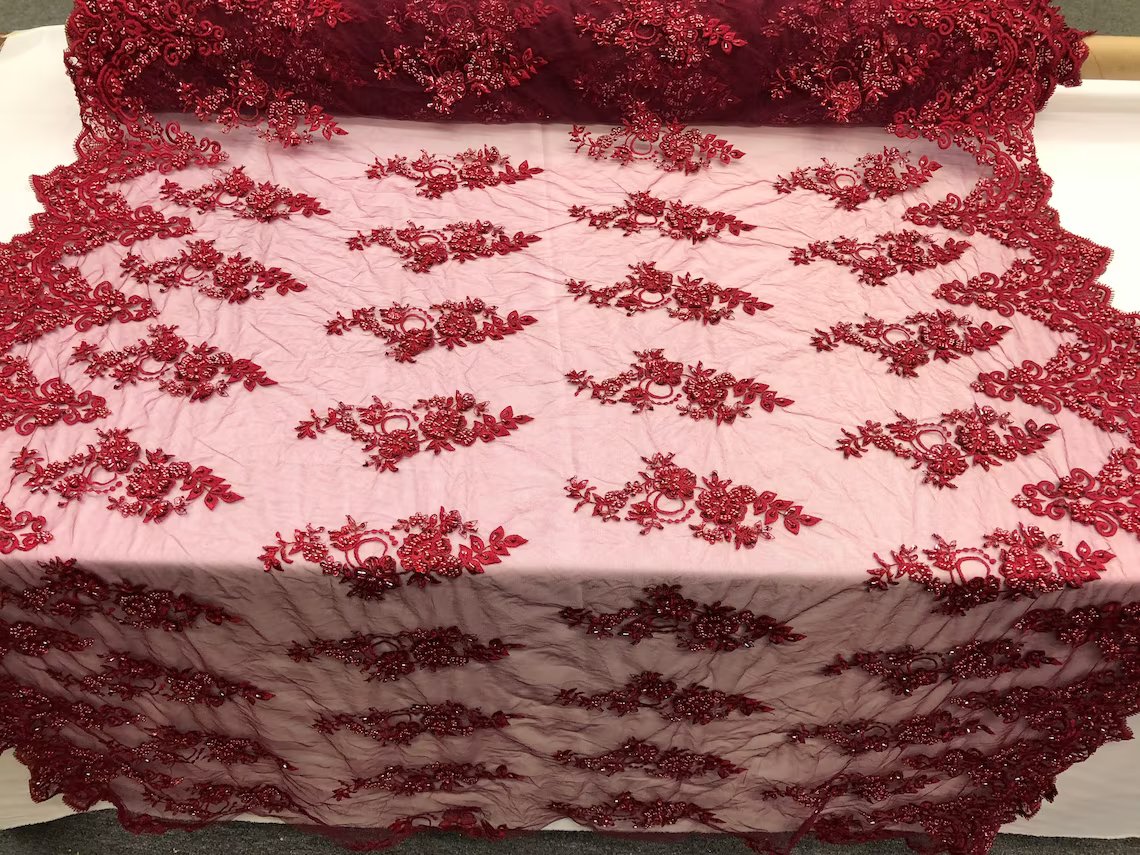 Beaded Floral Fabric - Burgundy - Embroidered Flower Cluster Beaded Fabric Sold By Yard