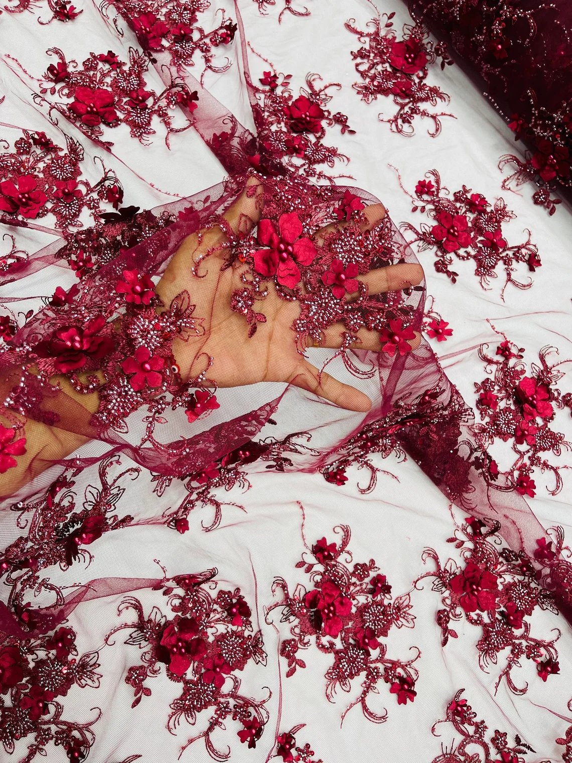 3D Flower Sequins Design - Burgundy - Embroidered Pearl Sequins Floral Clusters Lace Fabric By Yard