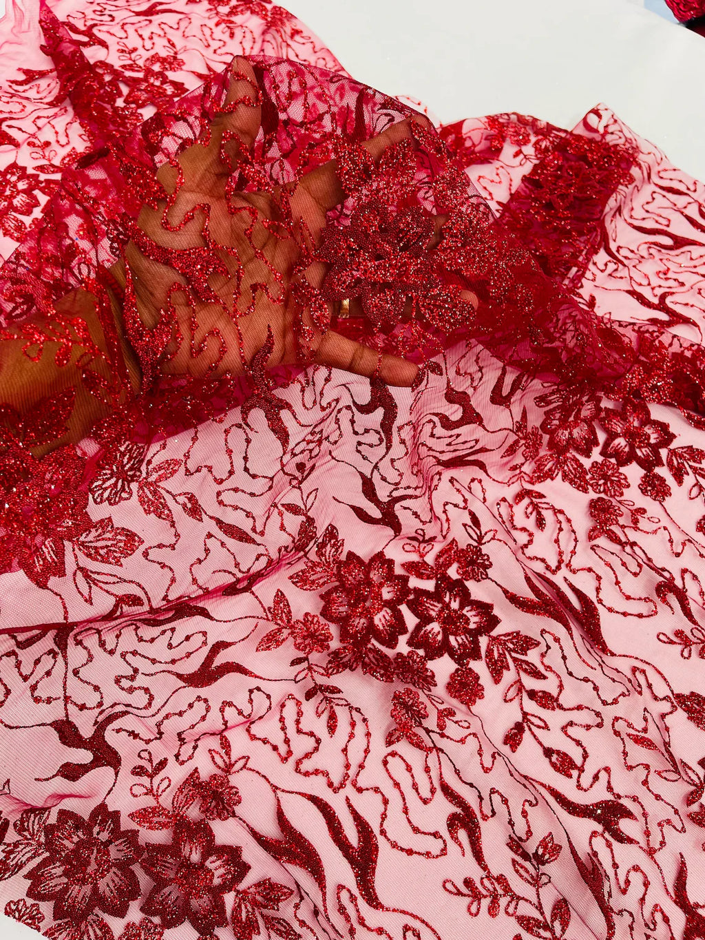 Flower Glitter Fabric - Burgundy - 3D Floral Tulle Fabric for Wedding, Quinceañera By Yard