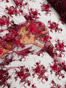 3D Flower Sequins Design - Burgundy - Embroidered Pearl Sequins Floral Clusters Lace Fabric By Yard