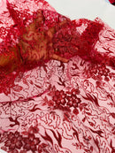 Flower Glitter Fabric - Burgundy - 3D Floral Tulle Fabric for Wedding, Quinceañera By Yard