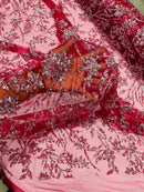 Floral Silver Beaded Fabric - Burgundy - Flower Design with Silver Beads and Sequins on Lace by Yard