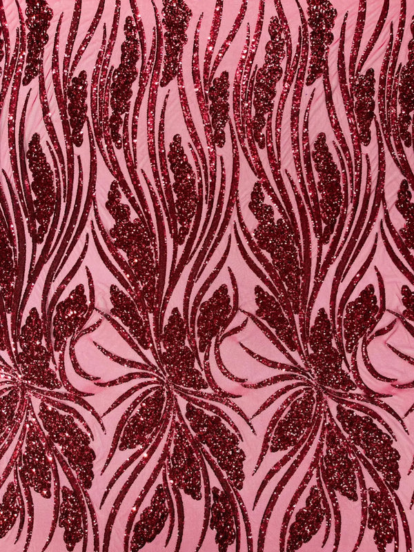 Wavy Leaf Sequins Fabric - Burgundy - Wavy Lines and Leaves Design on Lace Mesh Fabric by Yard