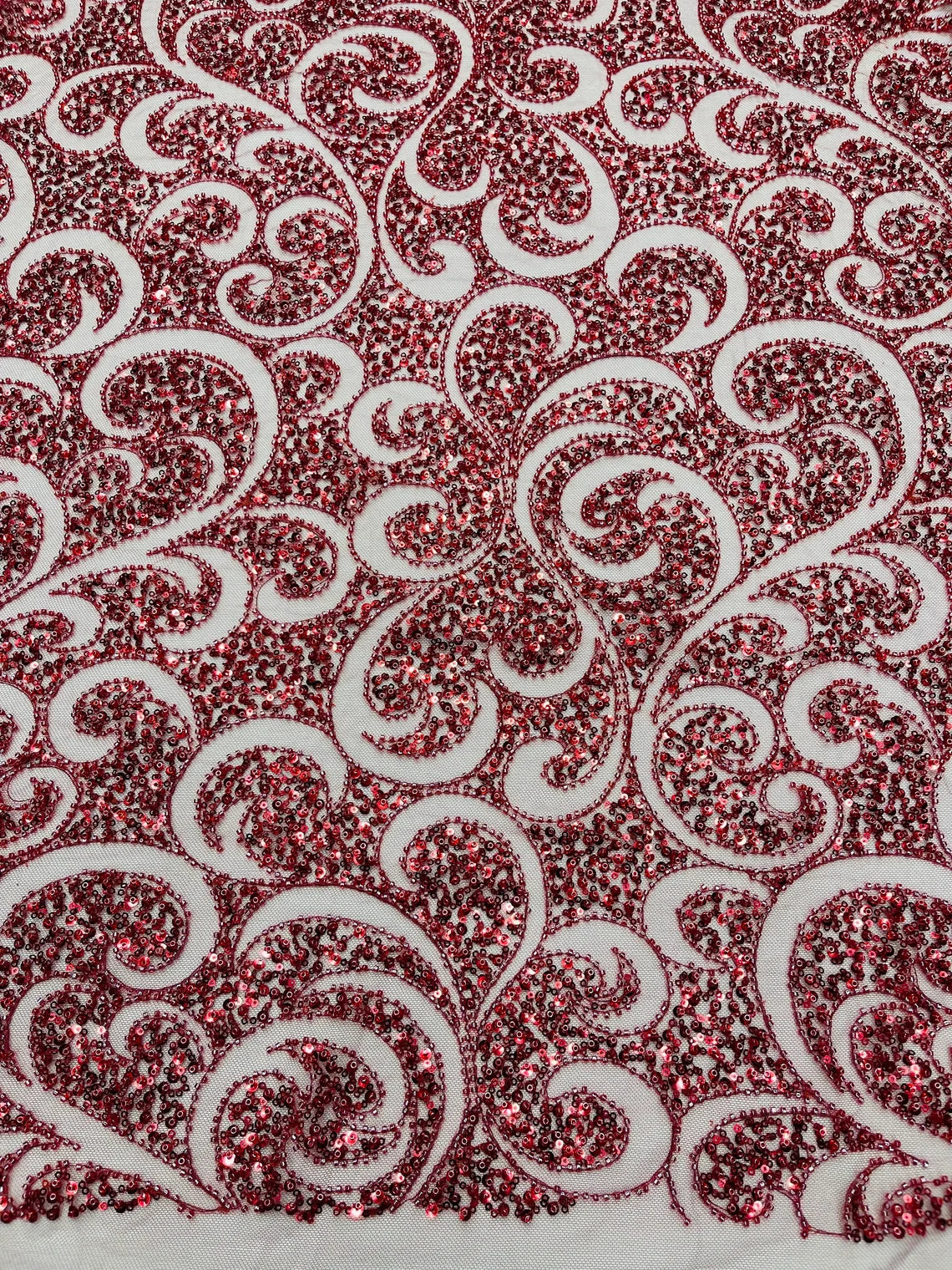 Beaded Swirl Design Fabric - Burgundy - Swirl Design with Beads and Sequins on Lace by Yard
