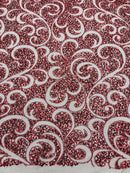 Beaded Swirl Design Fabric - Burgundy - Swirl Design with Beads and Sequins on Lace by Yard