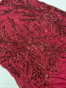 Leaf Design Stretch Sequins - Burgundy - 4 Way Stretch Lace Mesh Sequins Fabric by Yard