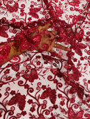 Butterfly Swirl Lace Fabric - Burgundy - Metallic Sequins Design on Lace Fabric By Yard