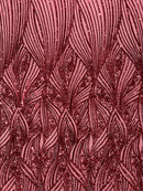 Curvy Line Design Fabric - Burgundy - 4 Way Stretch Sequins Design Mesh Lace Fabric by Yard