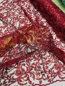 Beaded Flower Leaf Fabric - Burgundy - Shiny Beads and Sequins in Flower Design on Lace by Yard