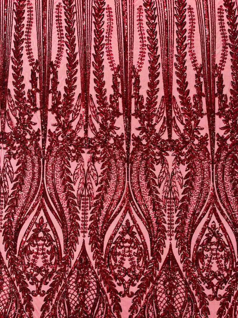 Mermaid Design Sequins Fabric - Burgundy - Sequins Fabric 4 Way Stretch on Mesh By Yard