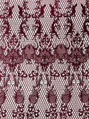 Damask on Net Lace Fabric - Burgundy - Embroidered Lace Mesh Damask Design Fabric by Yard