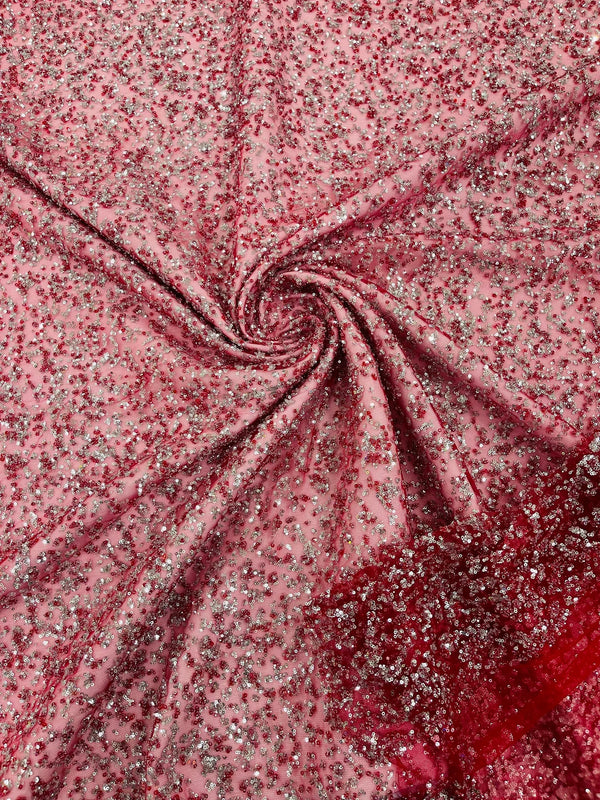 Beads and Sequins Lace - Burgundy / Silver - Embroidered Beads and Sequins on Lace Mesh Fabric By Yard