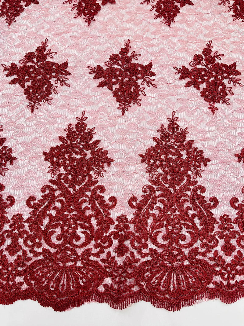 Damask Border Corded Lace - Burgundy - Floral Cluster Design Damask Border on Lace Fabric Yard
