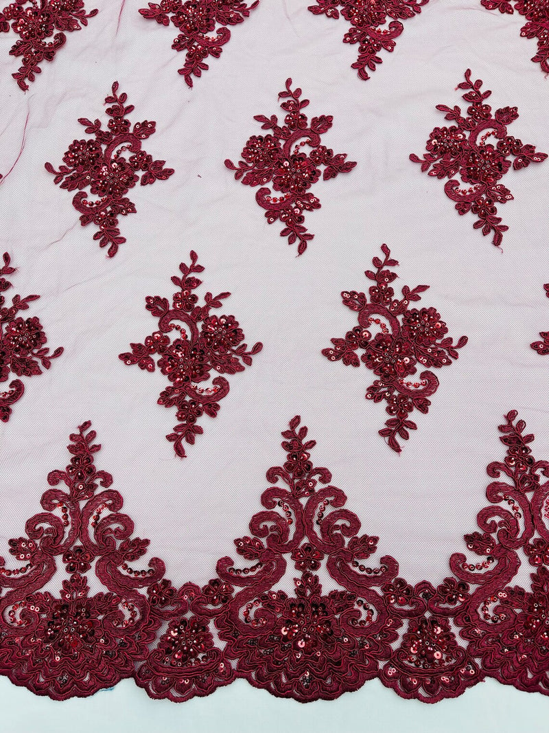 Beaded Floral Fabric - Burgundy - Floral Cluster Design Fabric with Damask Border by Yard