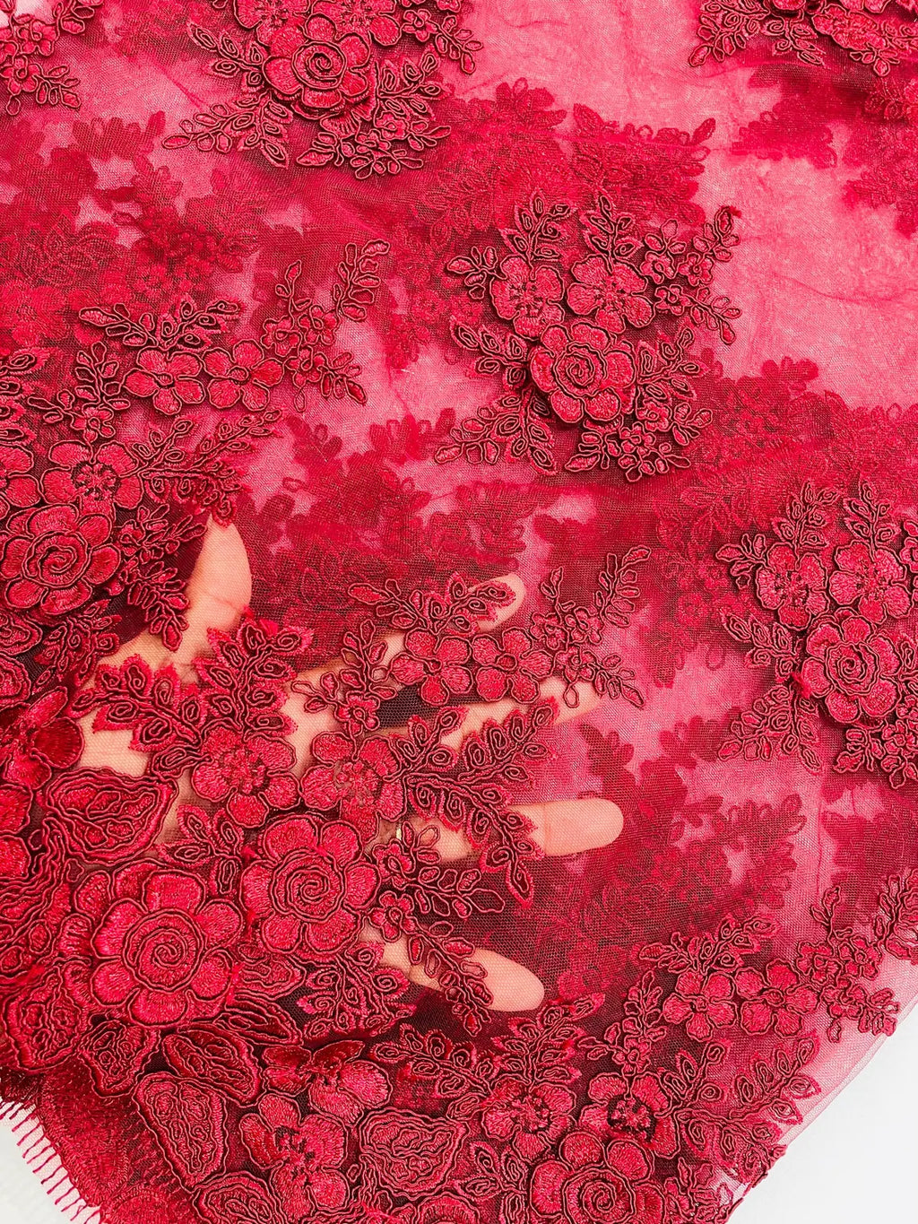Corded Floral 3D Fabric - Burgundy - Embroidered Floral Design on Lace Mesh Fabric by Yard