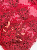 Corded Floral 3D Fabric - Burgundy - Embroidered Floral Design on Lace Mesh Fabric by Yard