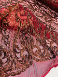 Heart Damask Sequins - Burgundy Hologram - 4 Way Stretch Sequins Fabric By Yard