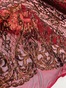 Heart Damask Sequins - Burgundy Hologram - 4 Way Stretch Sequins Fabric By Yard