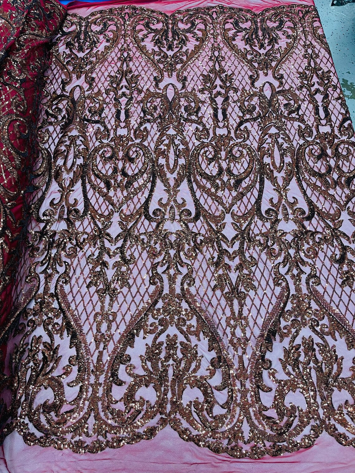 Heart Damask Sequins - Burgundy Hologram - 4 Way Stretch Sequins Fabric By Yard