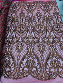 Heart Damask Sequins - Burgundy Hologram - 4 Way Stretch Sequins Fabric By Yard