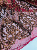 Heart Damask Sequins - Burgundy Hologram - 4 Way Stretch Sequins Fabric By Yard