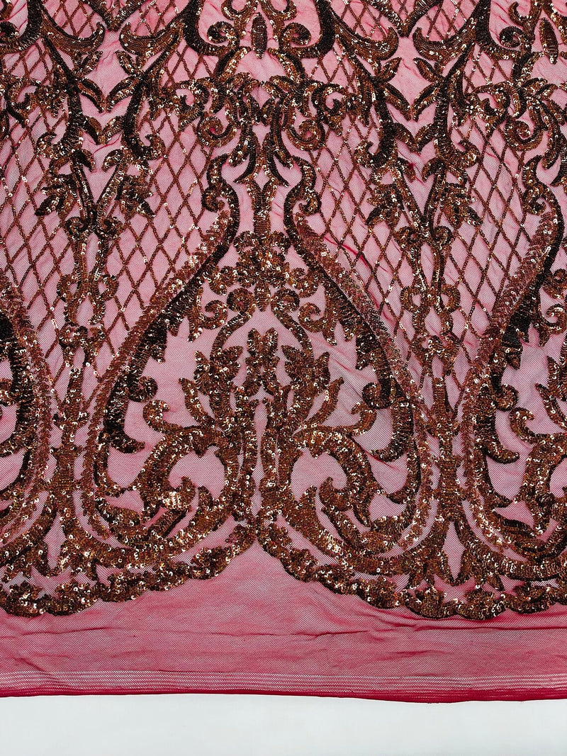 Heart Damask Sequins - Burgundy Hologram - 4 Way Stretch Sequins Fabric By Yard