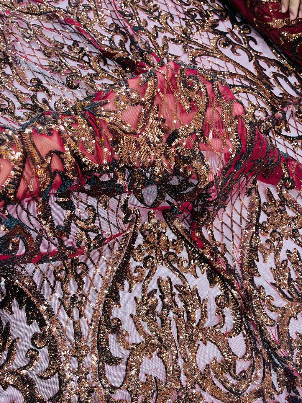 Heart Damask Sequins - Burgundy Hologram - 4 Way Stretch Sequins Fabric By Yard