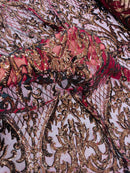 Heart Damask Sequins - Burgundy Hologram - 4 Way Stretch Sequins Fabric By Yard