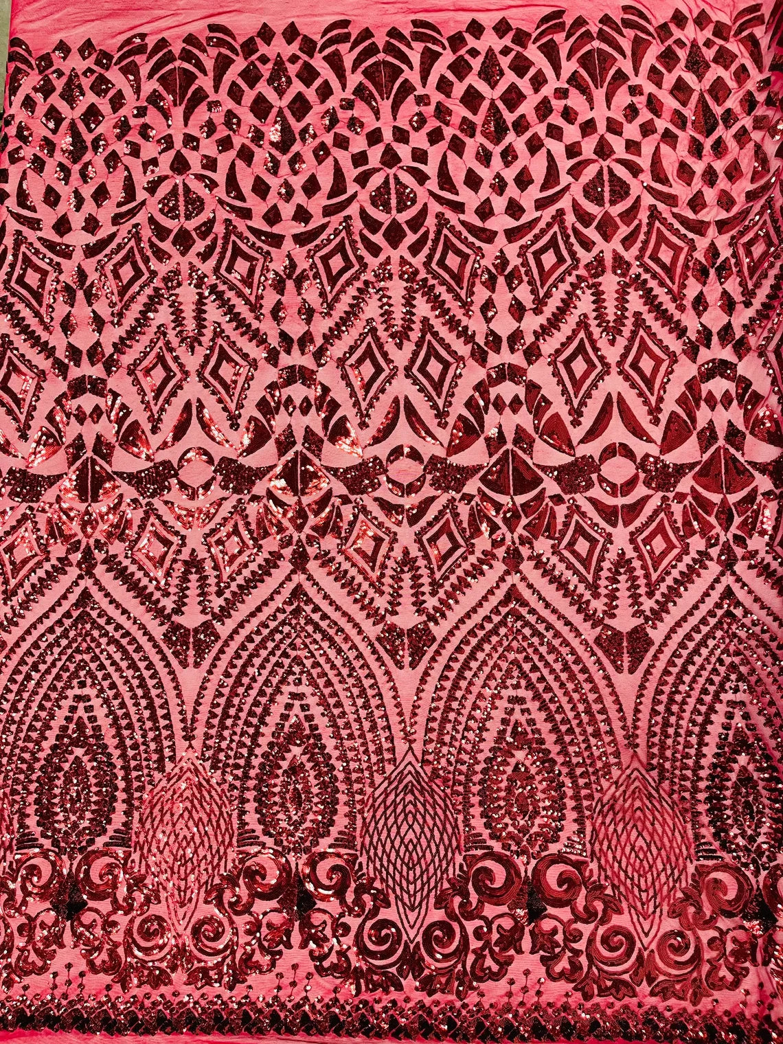 Geometric Pattern Sequins - Burgundy - 4 Way Stretch Colorful Shine Designer Sequins By Yard